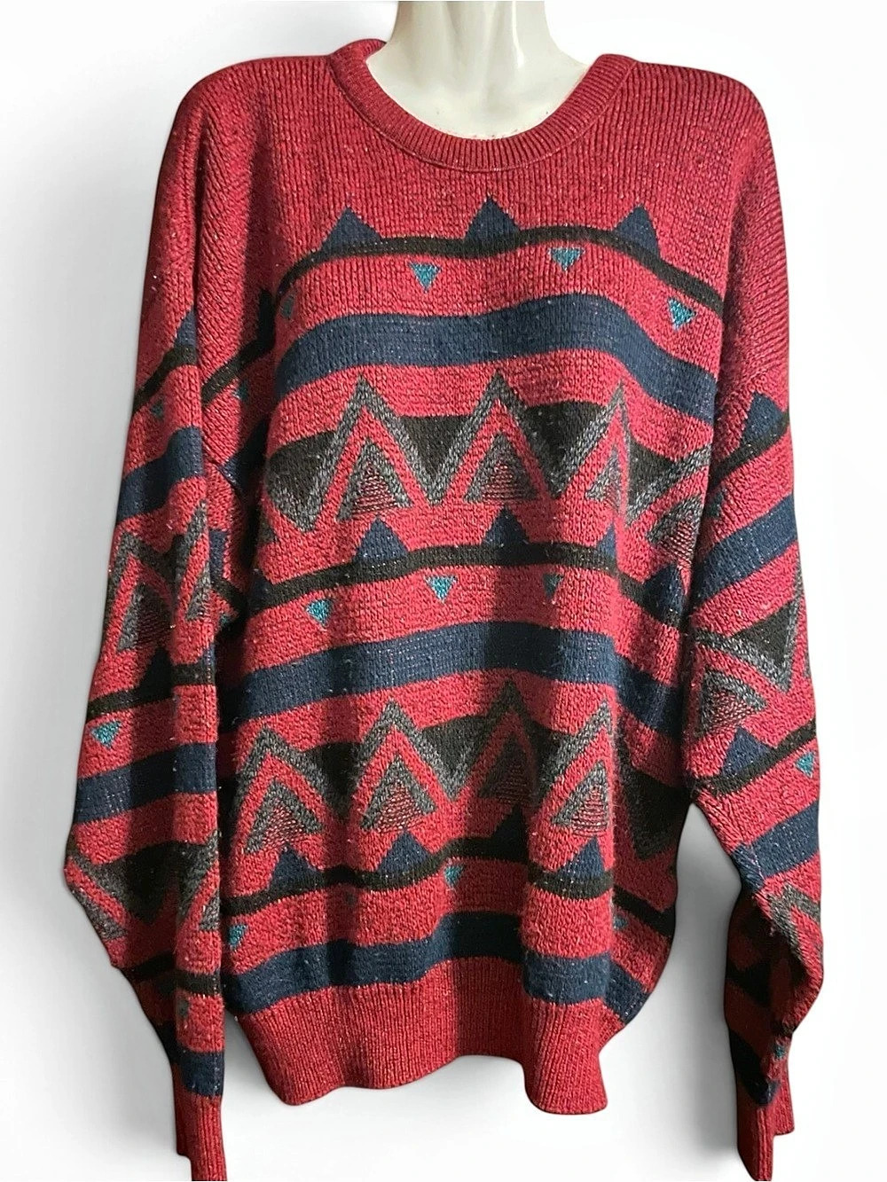 Jantzen Men's Geometric Crewneck Sweater Red Black XL